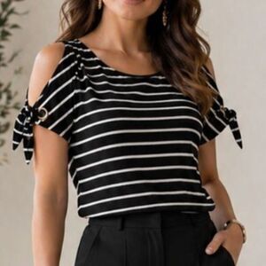 Calvin Klein Striped Cold Shoulder Top XS Fits S Black White Ring Tie